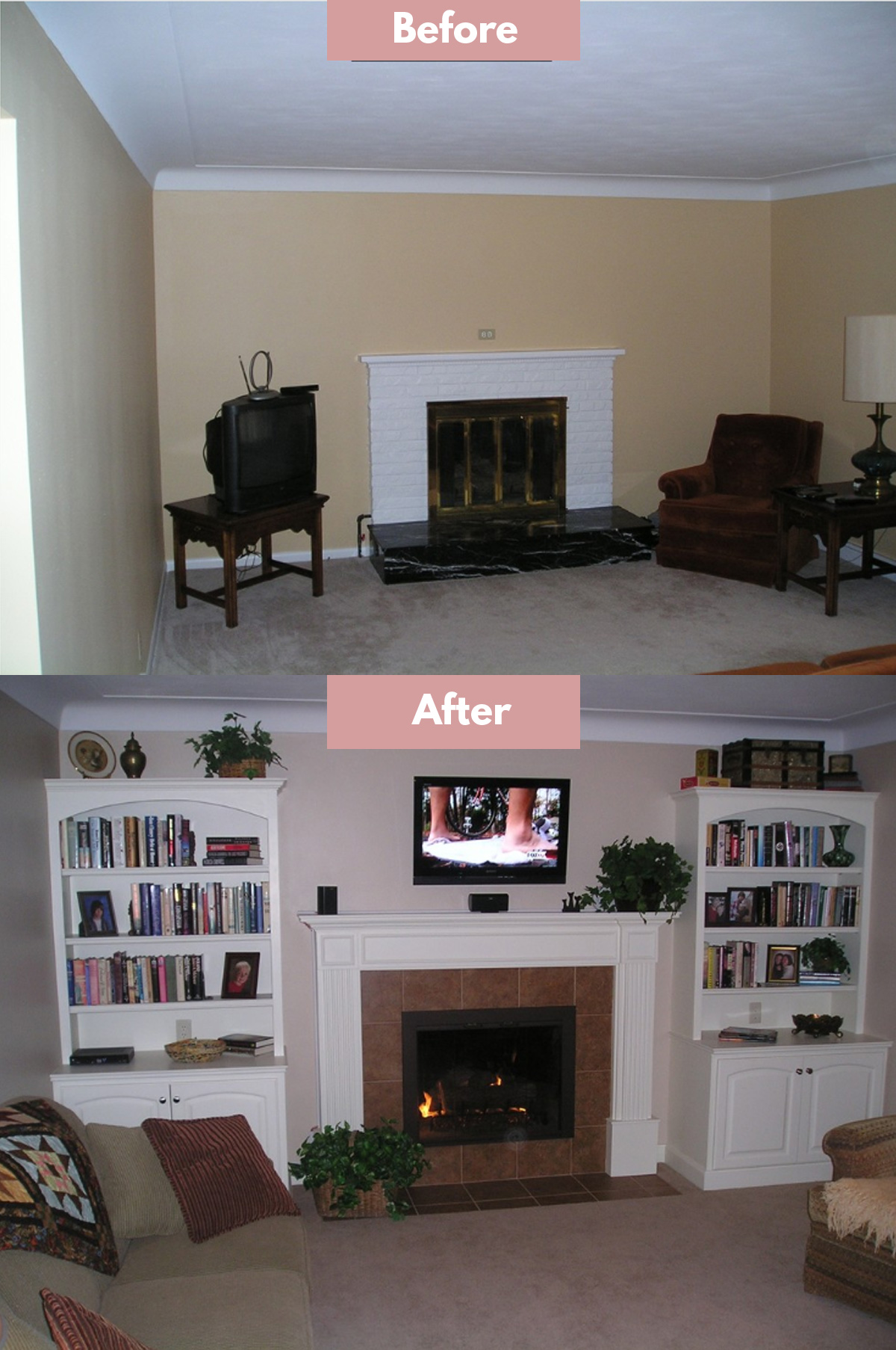floor to ceiling brick fireplace makeover